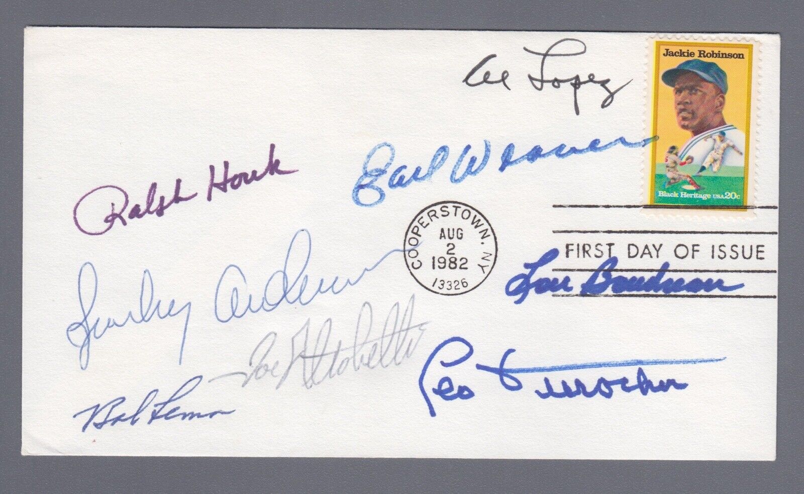 Signed First Day Cover 8/2/82 Cachet 8 Sigs with Lopez, Lemon, etc Auto B&E