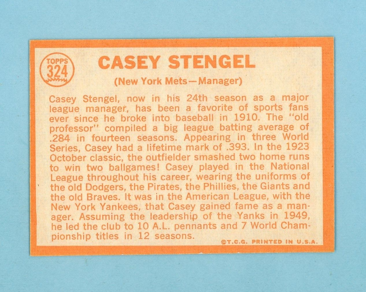 1964 Topps #324 Casey Stengel New York Mets Baseball Card Ex/Mt - NM