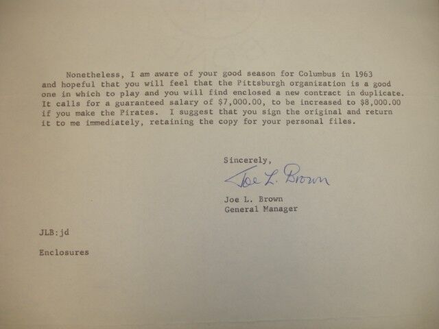 1964 Pittsburgh Pirates 2-Page Letter SIGNED by GM Joe L. Brown to player Burda