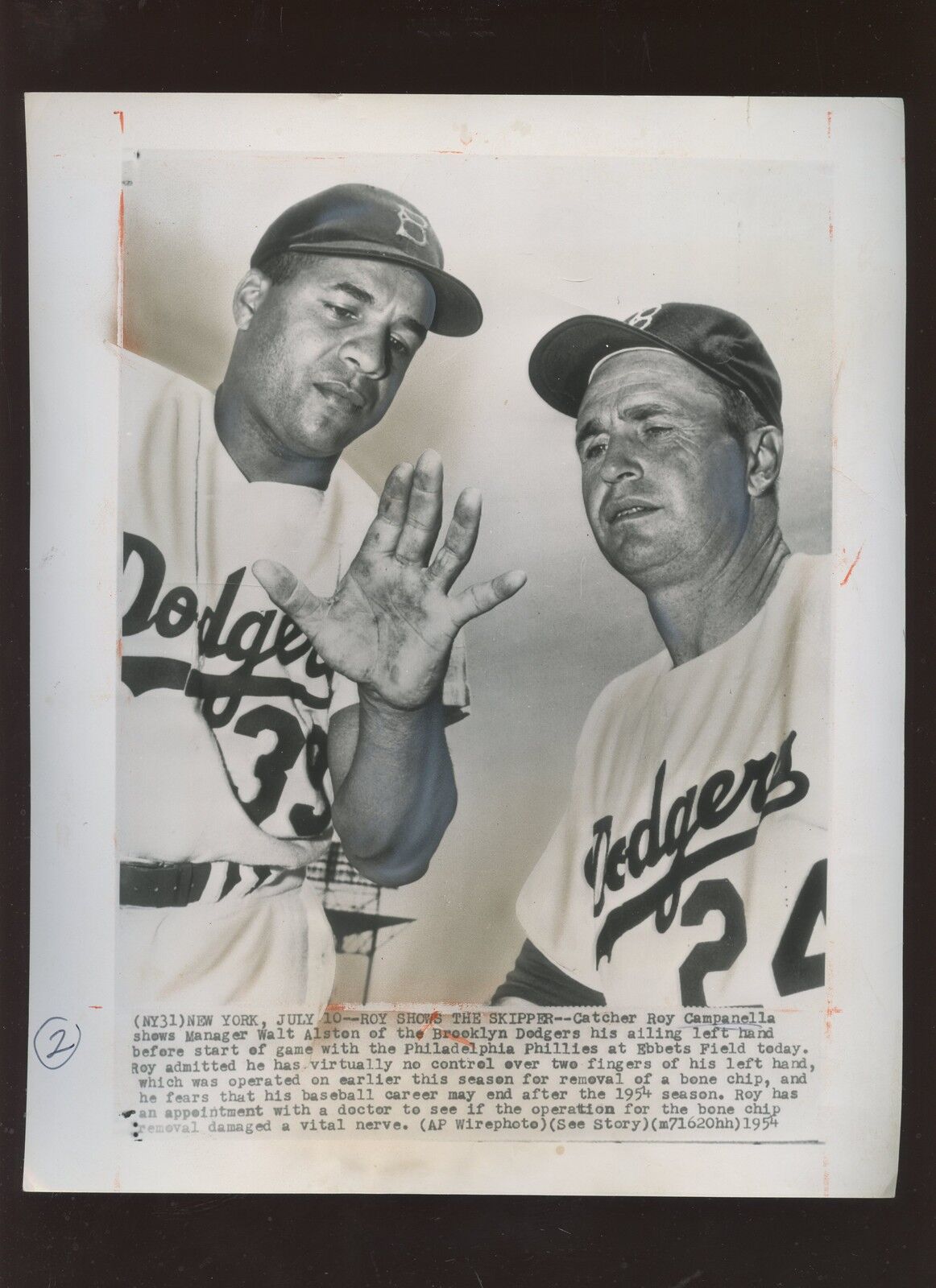 Original July 10th 1954 Walter Alston Roy Campanella Brooklyn Dodgers Wire Photo