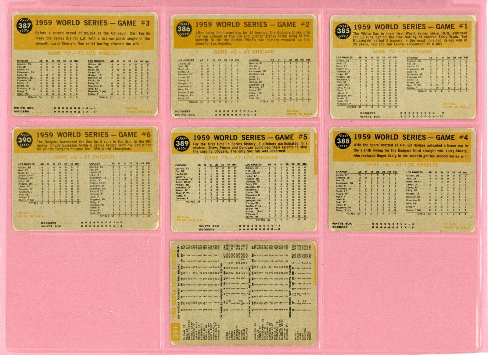 1960 Topps Set of 7 1959 World Series Special Baseball Cards Low Grade Gray Back