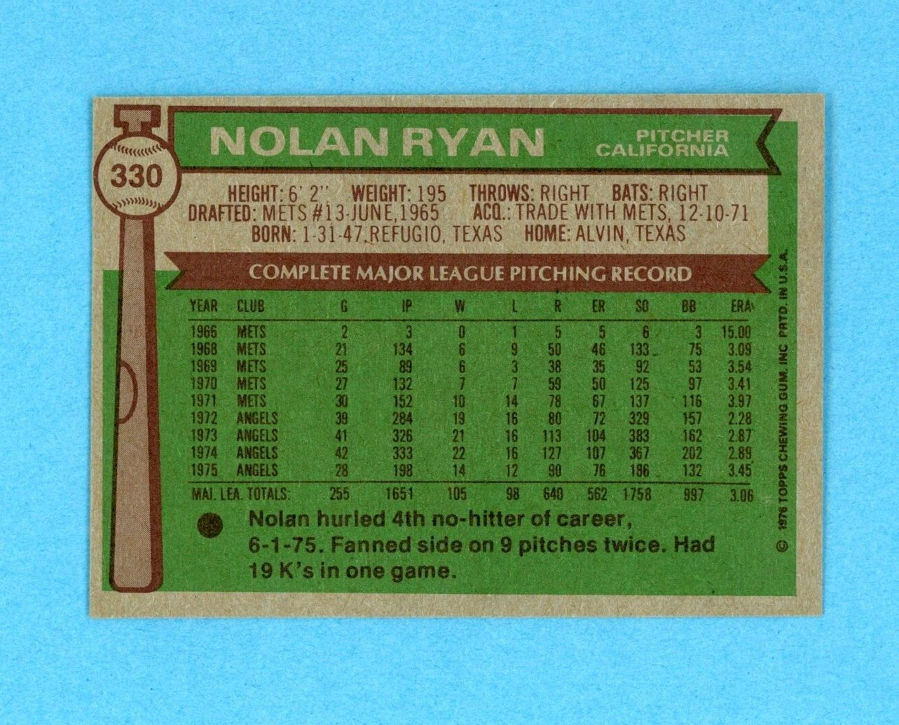 1976 Topps #330 Nolan Ryan California Angels Baseball Card NM o/c