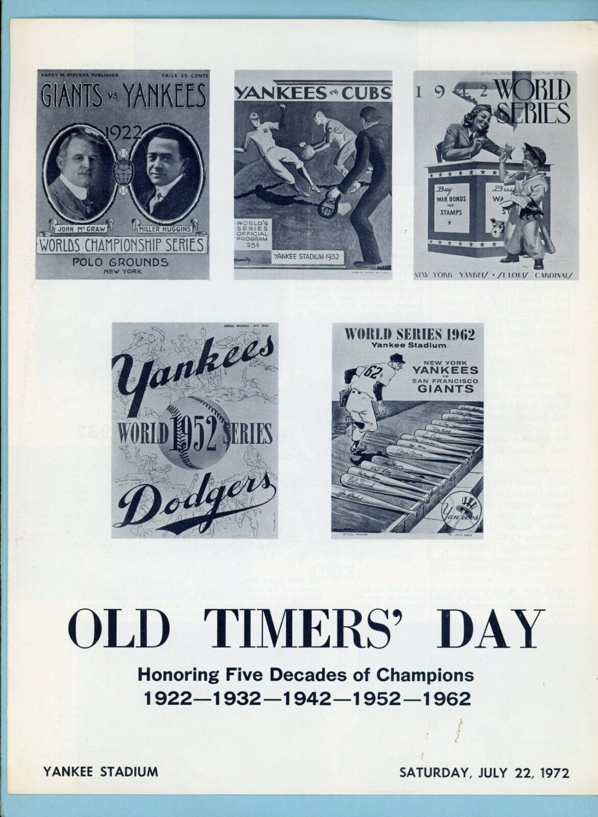 26th Annual Old Timers Day July 22, 1972 Program at Yankee Stadium 4 pages