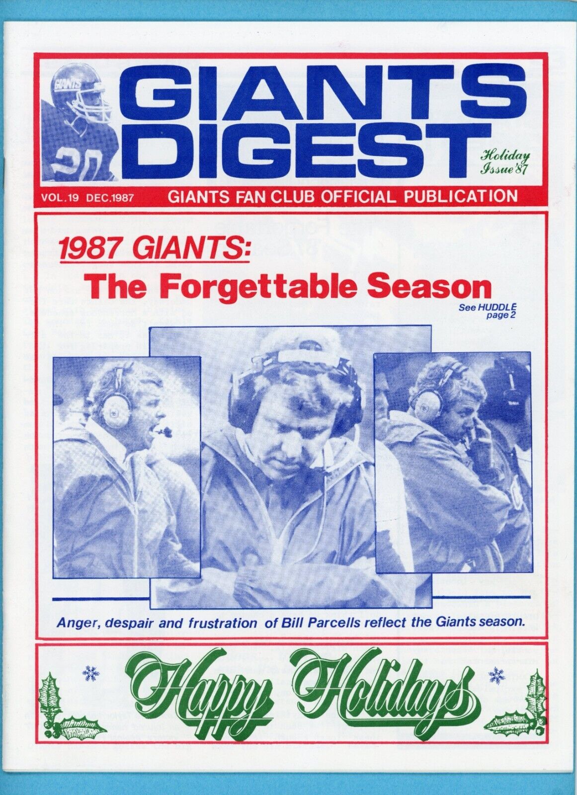 December 1987 Vol. 19 Giants Digest Fan Club Official Pub Bill Parcells on cover