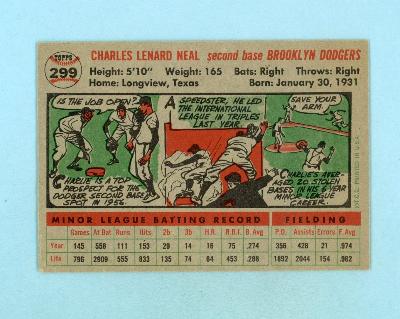 1956 Topps #299 Charley Neal Los Angeles Dodgers Baseball Card E+-EM app pn hole