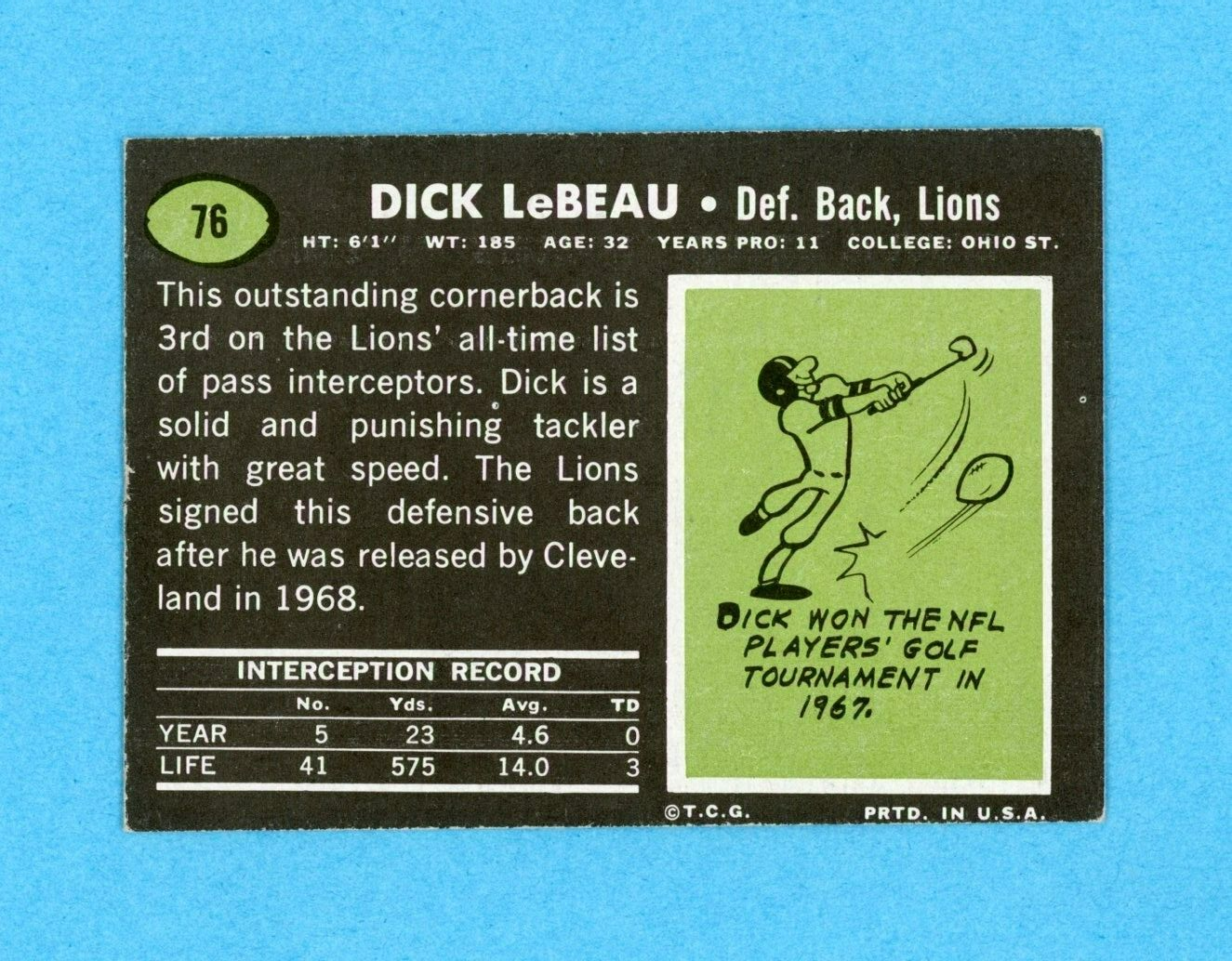 Dick LeBeau Detroit Lions 1969 Topps #76 Autographed Football Card