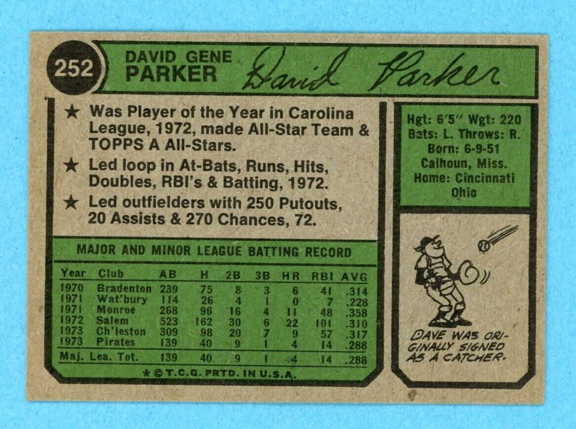 1974 Topps #252 Dave Parker Pittsburgh Pirates Rookie Baseball Card EX - EX+