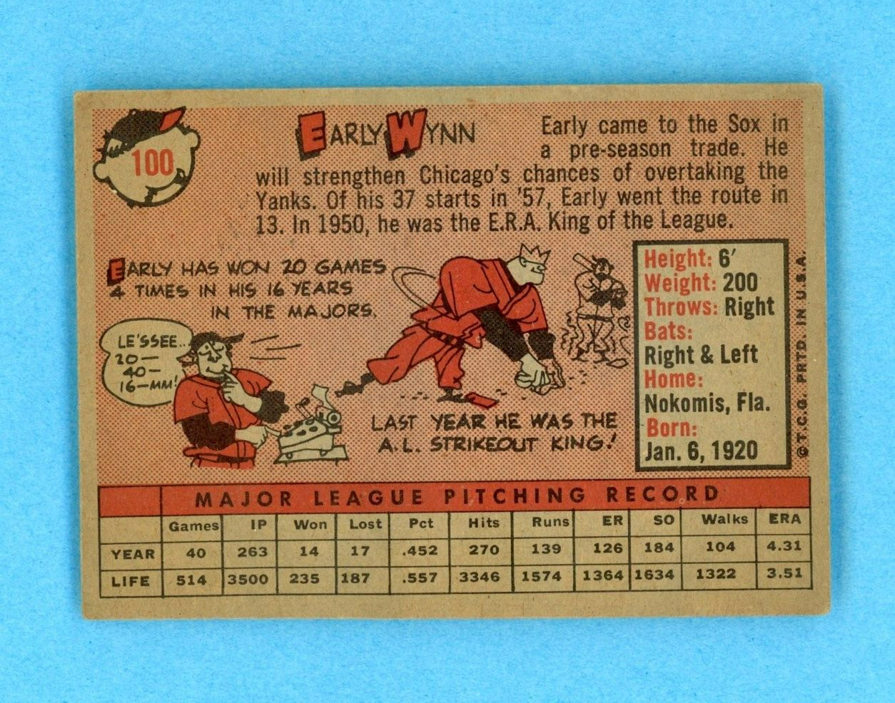 1958 Topps #100 Early Wynn Chicago White Sox Yellow Team Var Baseball Card Vg/Ex