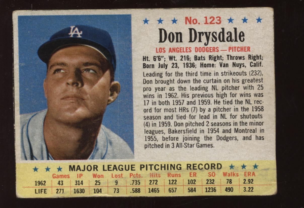 1963 Post Cereal Baseball #123 Don Drysdale VGEX