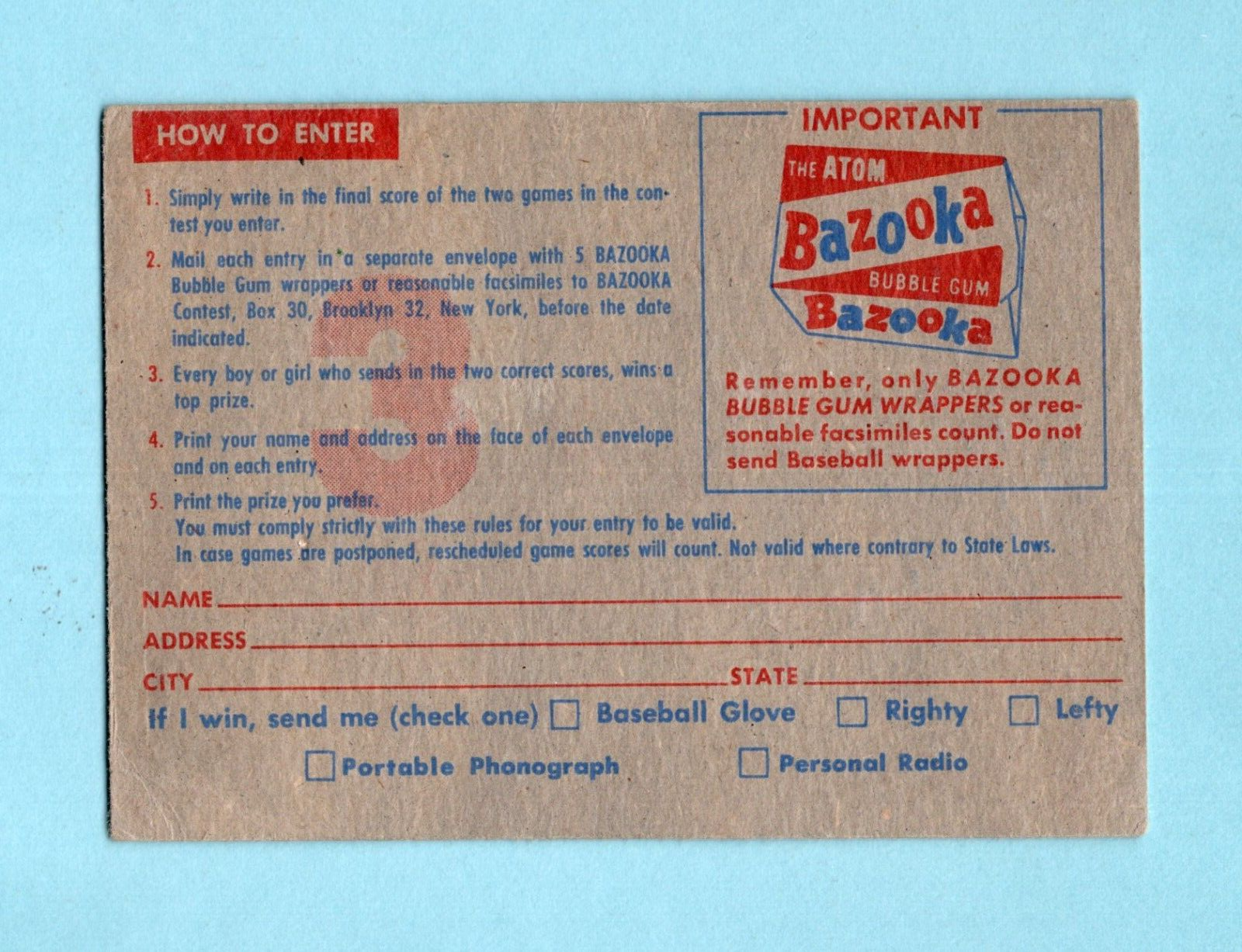 1957 Topps Contest Baseball Card - Saturday, June 22nd EX app o/c cres blc