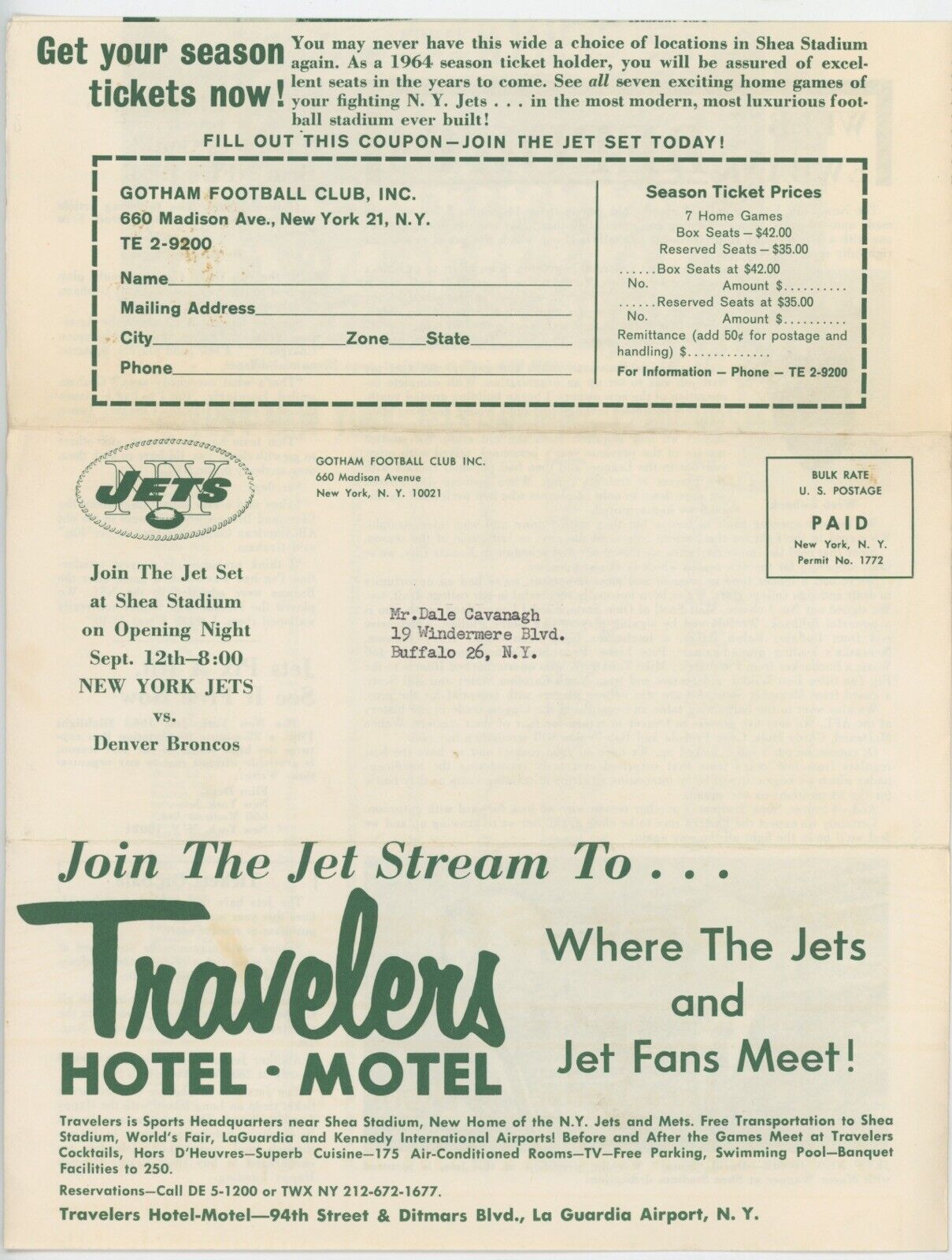 1964 New York Jets "Jet Stream" 4 page Newsletter and Schedule • Gotham FB Club