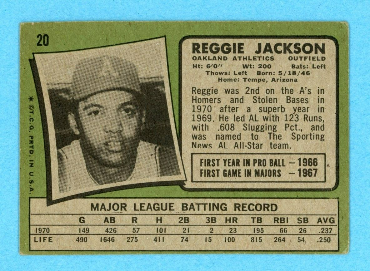 1971 Topps #20 Reggie Jackson Oakland Athletics Baseball Card Vg/Ex