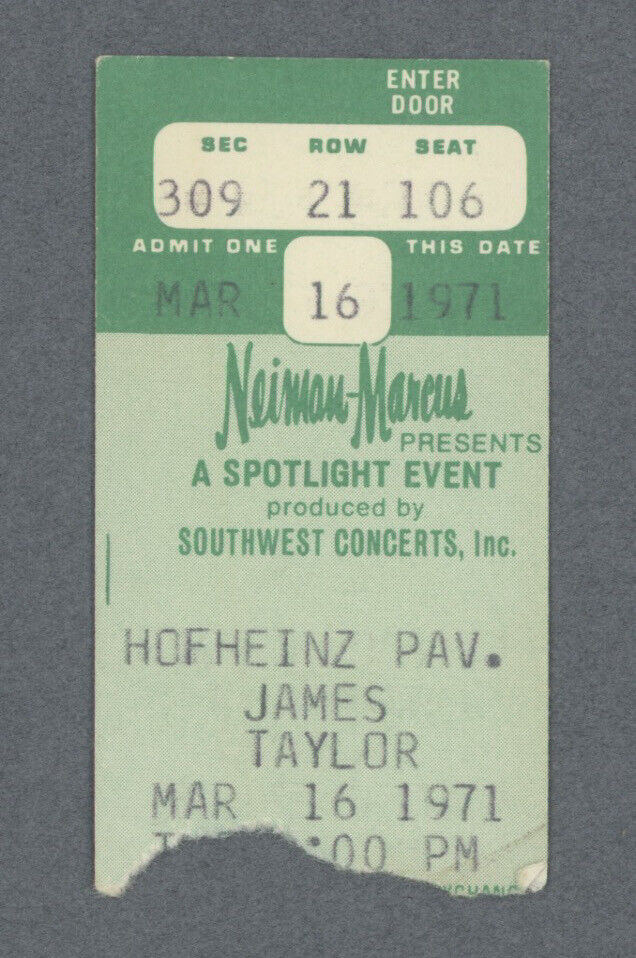 3/16/71 James Taylor w/ Carole King • Texas • Concert Ticket Stub