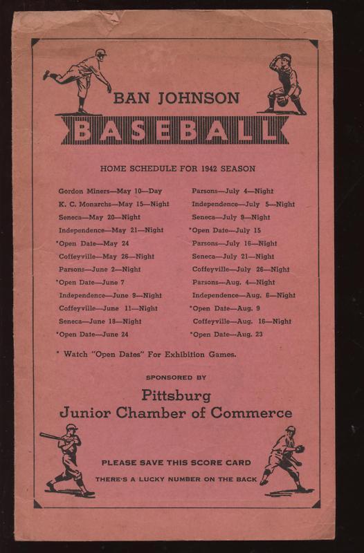 1942 Pittsburgh Ban Johnson Baseball Scorecard VG