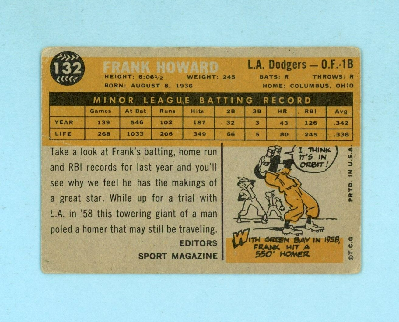 1960 Topps #132 Frank Howard Los Angeles Dodgers Rookie Baseball Card Low Grade