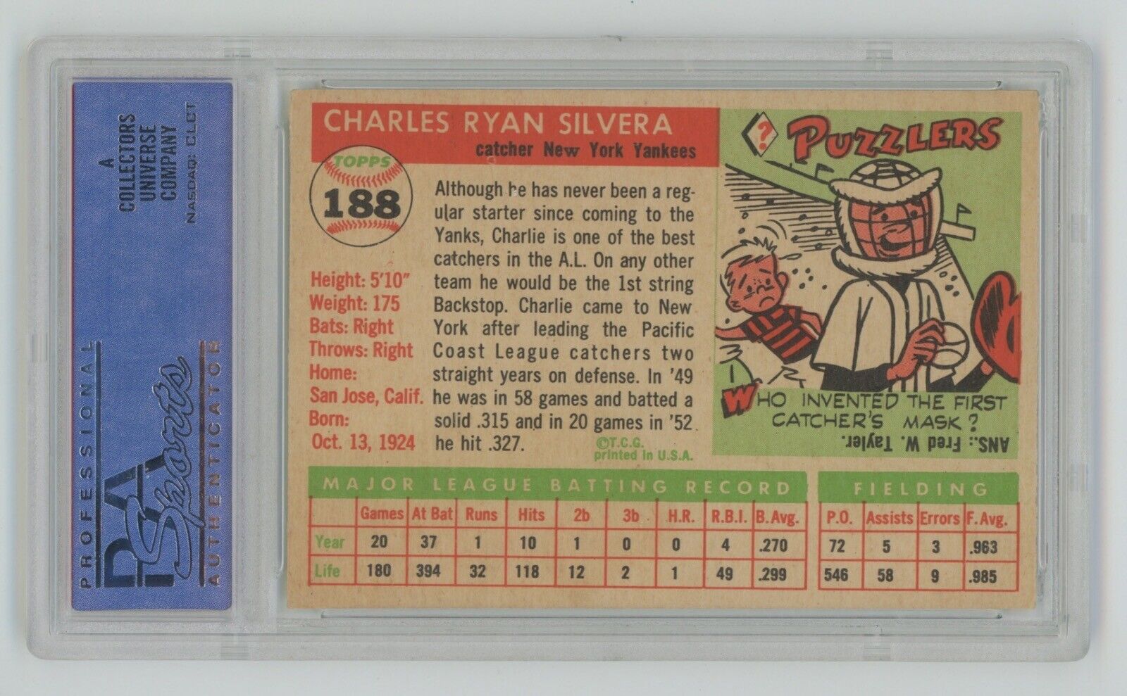 Charlie Silvera New York Yankees 1956 Topps Card #188 PSA 6 EX-MT