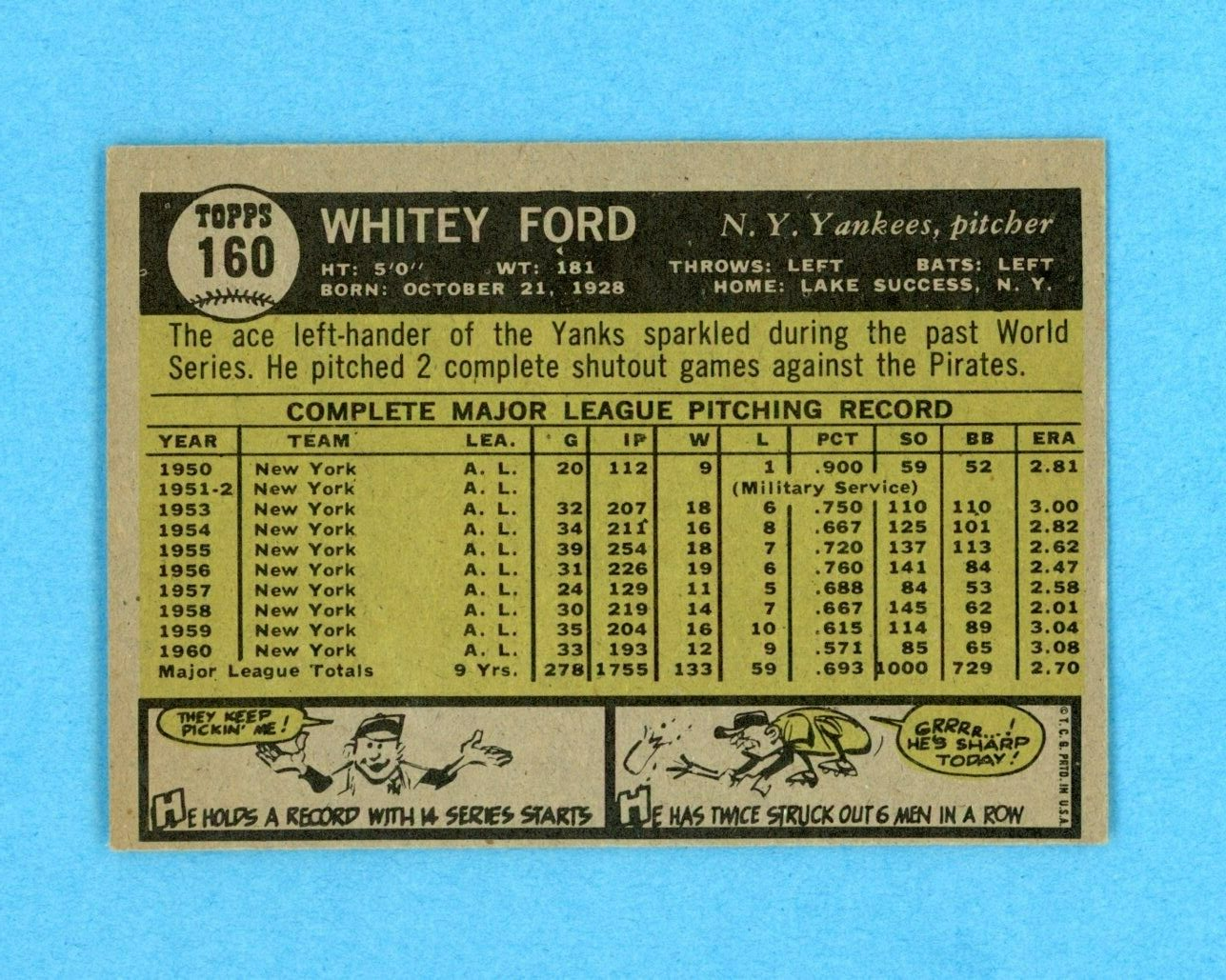 1961 Topps #160 Whitey Ford New York Yankees Baseball Card Ex/Mt o/c