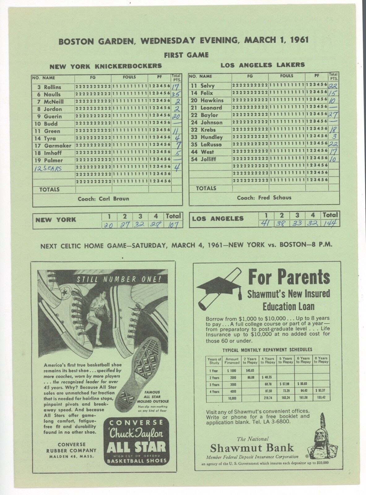 3/1/1961 Boston Garden NBA Doubleheader Celtics, Hawks, Lakers, Knicks Program