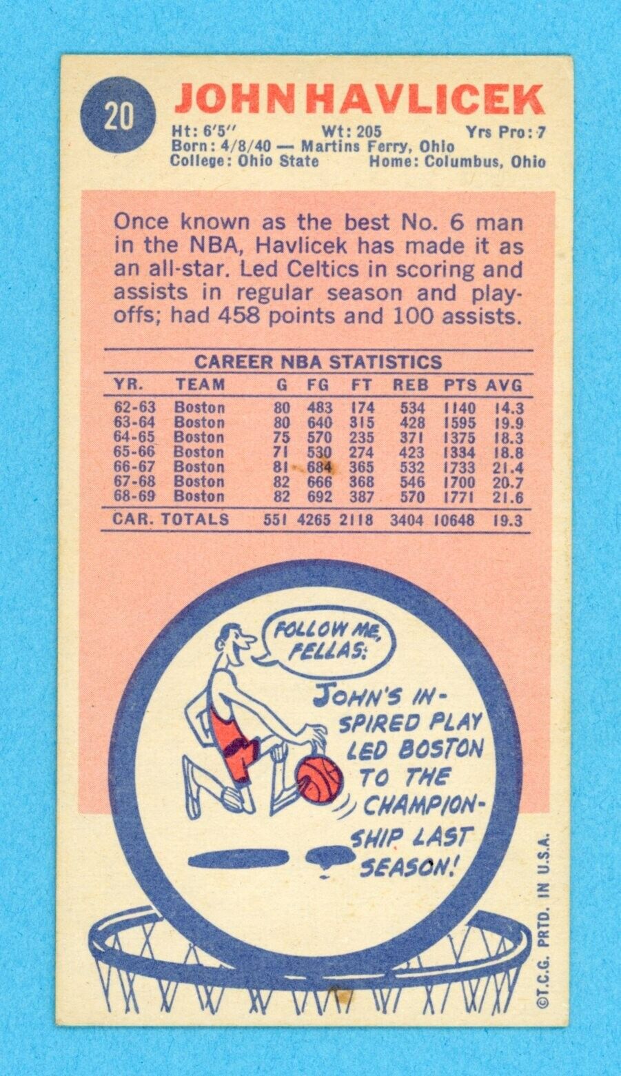 1969-70 Topps #20 John Havlicek Boston Celtics Rookie Basketball Card EX