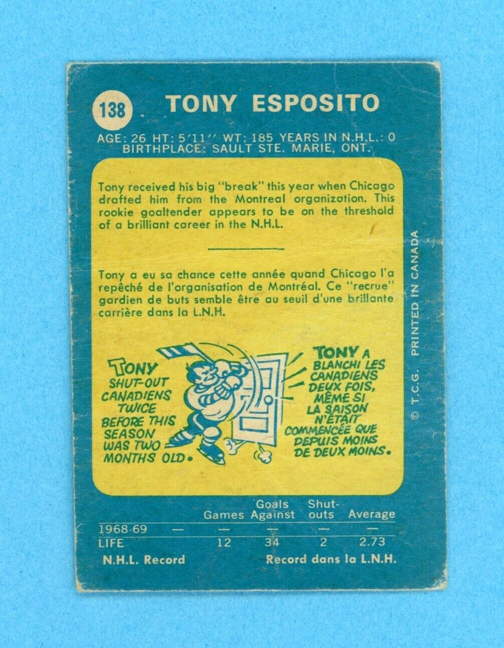 1969-70 OPC #138 Tony Esposito Chicago Black Hawks Rookie Hockey Card Low Grade