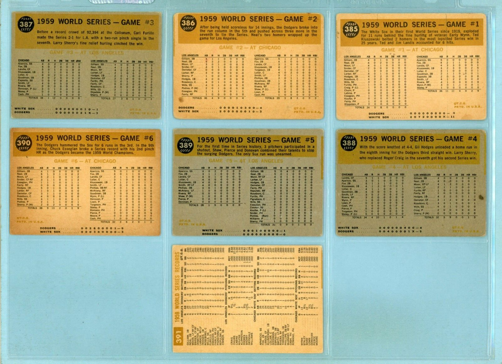 1960 Topps Set of 7 1959 World Series Special Baseball Cards VG - VG+