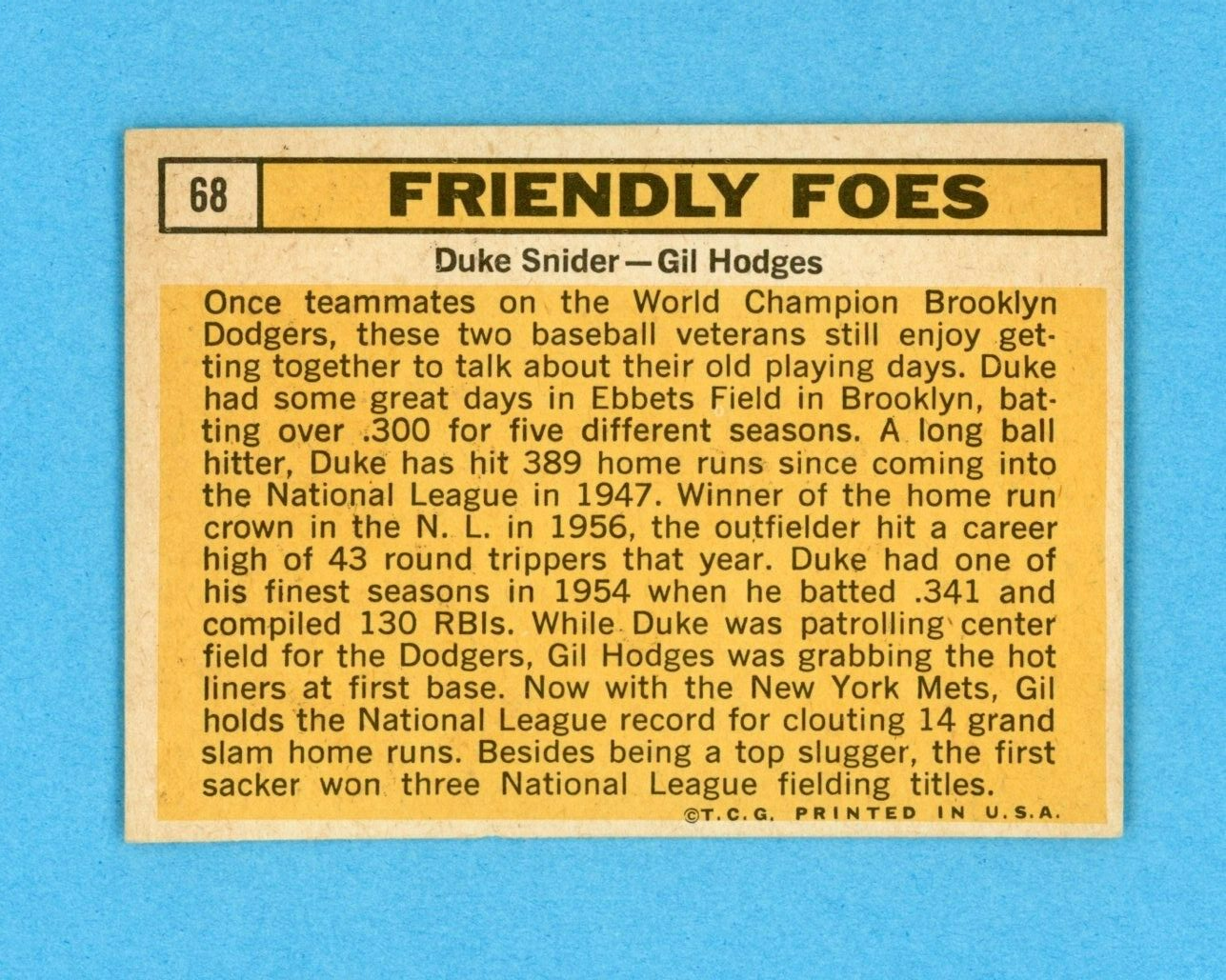 1963 Topps #68 Friendly Foes Duke Snider, Gil Hodges Baseball Card EX - EX+