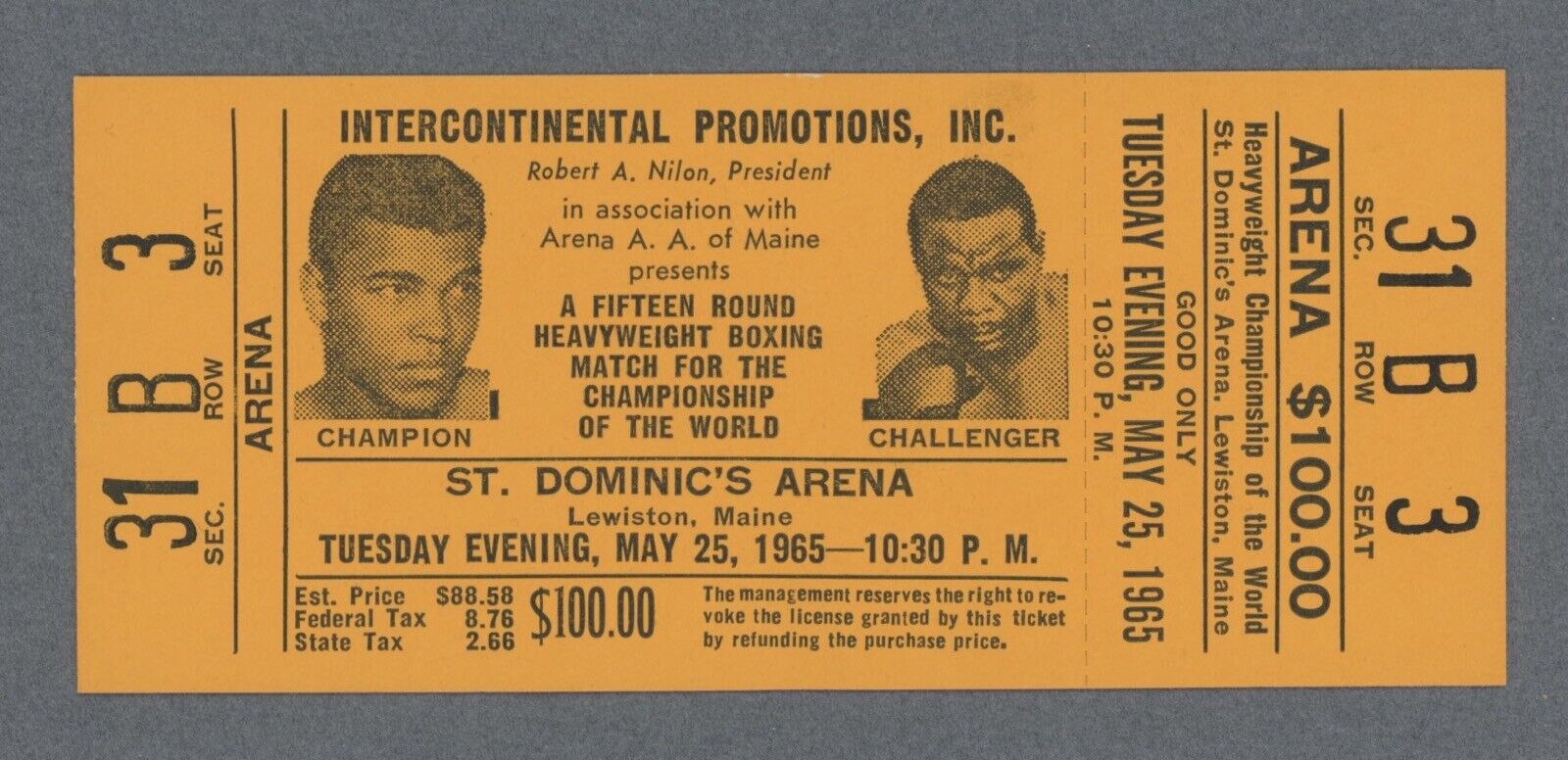 Muhammad Ali vs. Sonny Liston Full Ticket May 25, 1965 $100 Sec. 31