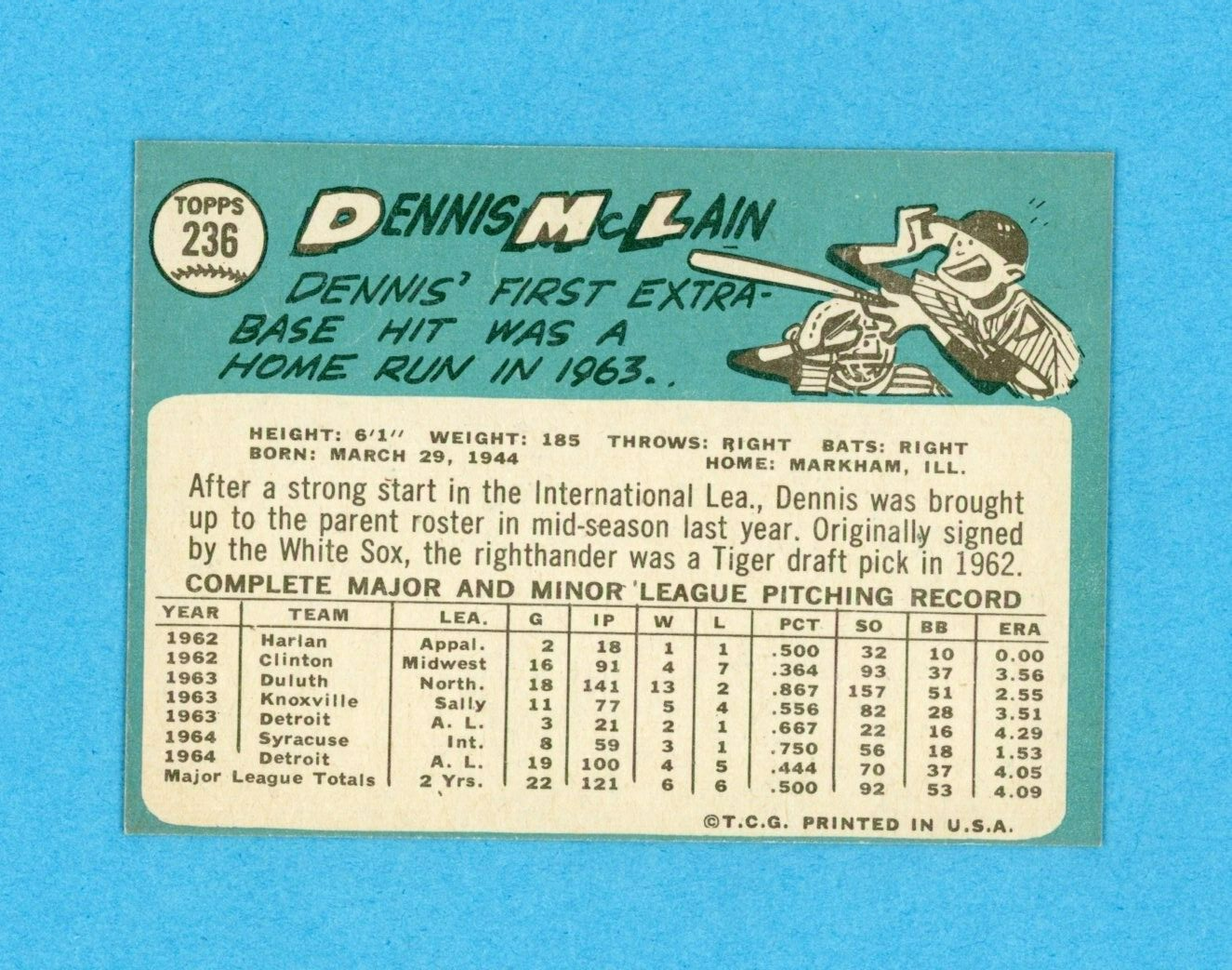 1965 Topps #236 Denny McLain Detroit Tigers Rookie Baseball Card NM o/c