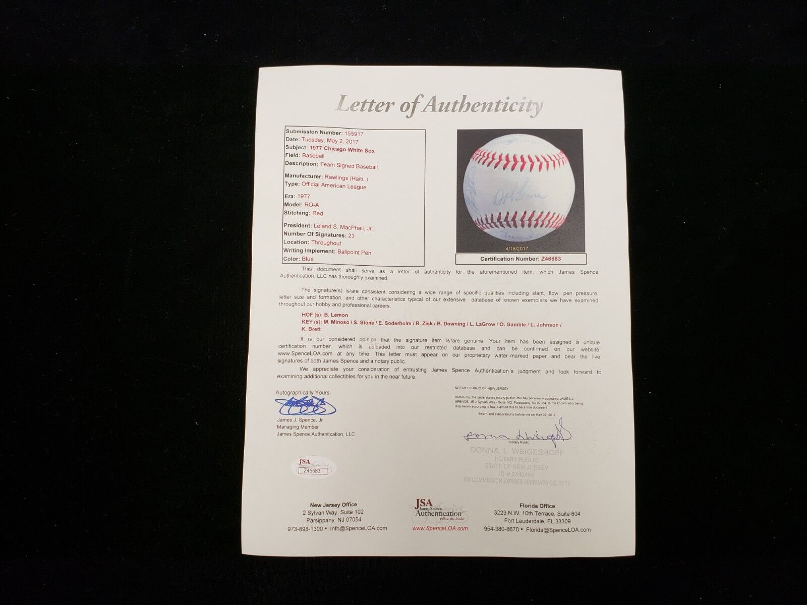 1977 Chicago White Sox Autographed Baseball - 23 Signatures - JSA LOA