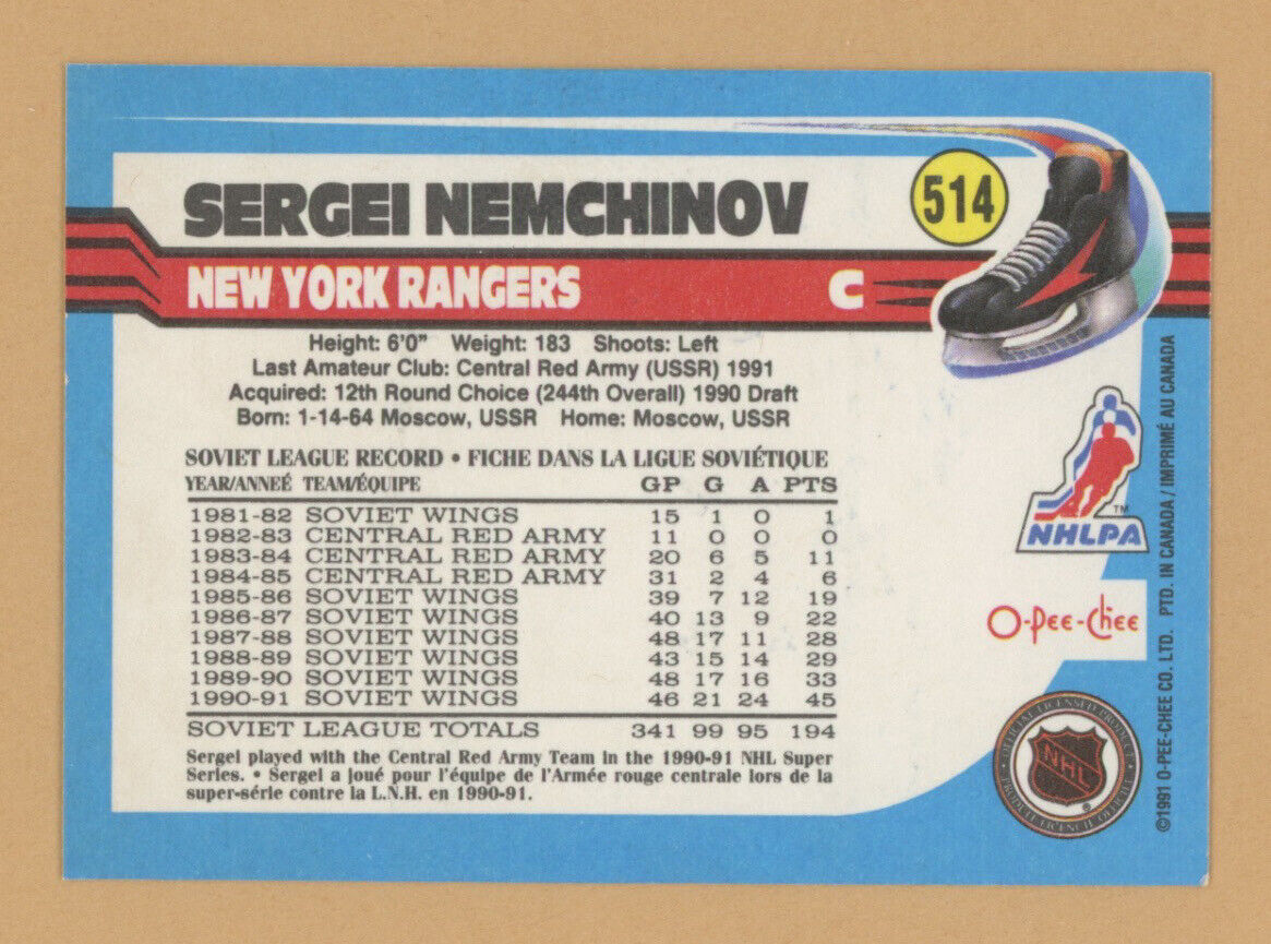 Sergei Nemchinov Signed 1991 O-Pee-Chee Card #514 Auto with B&E Hologram