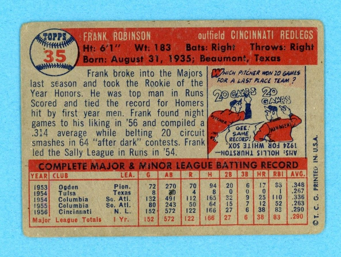 1957 Topps #35 Frank Robinson Cincinnati Reds Rookie Baseball Card Low Grade