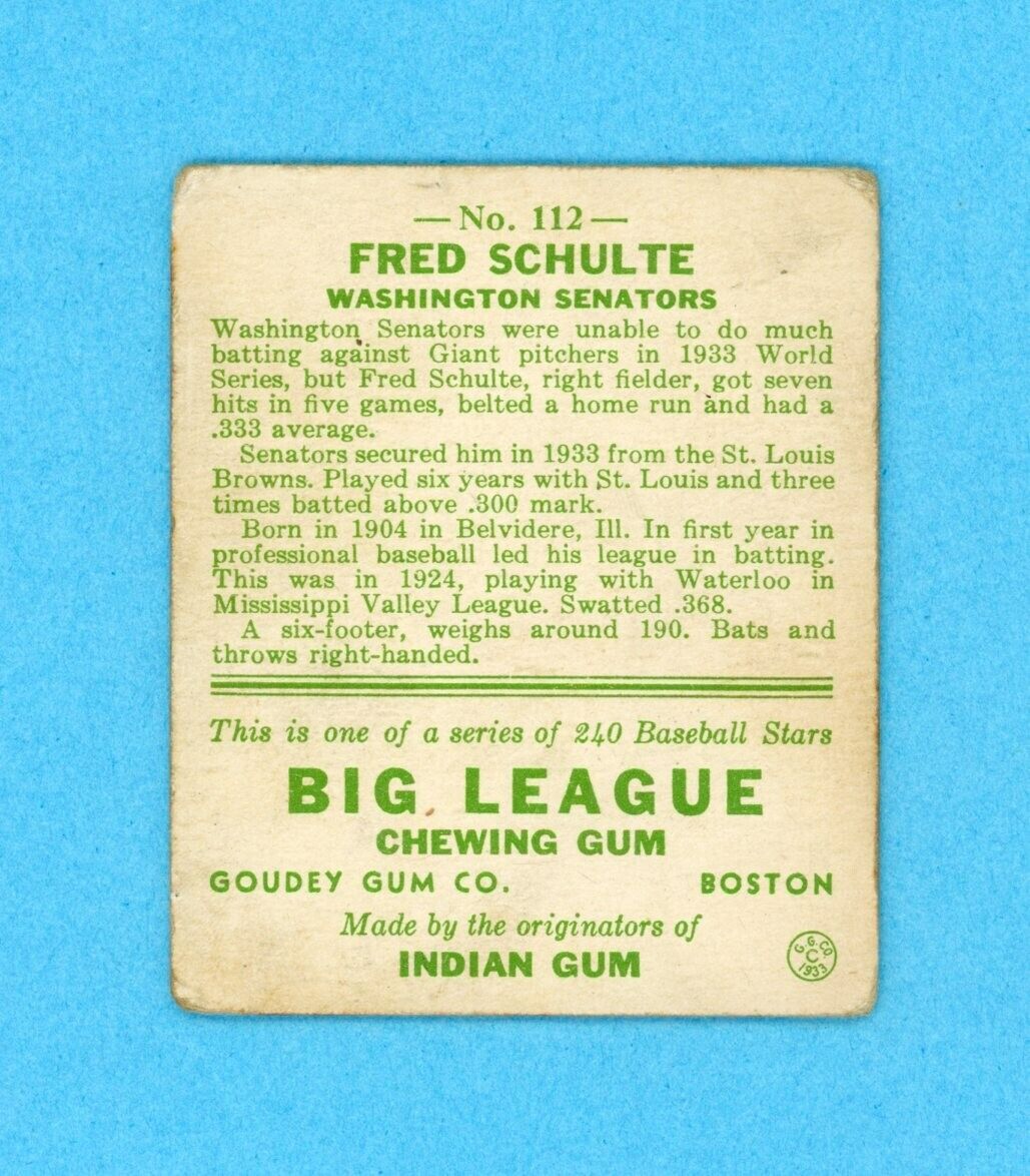 1933 Goudey #112 Fred Schulte Washington Senators Baseball Card VG lwblc