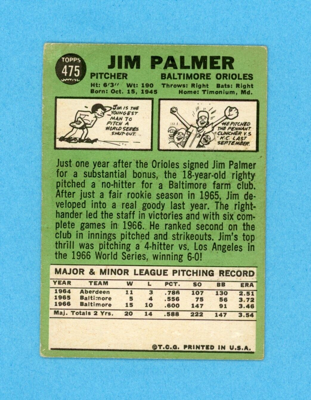 Jim Palmer Signed 1967 Topps Card #475 Auto with B&E Hologram