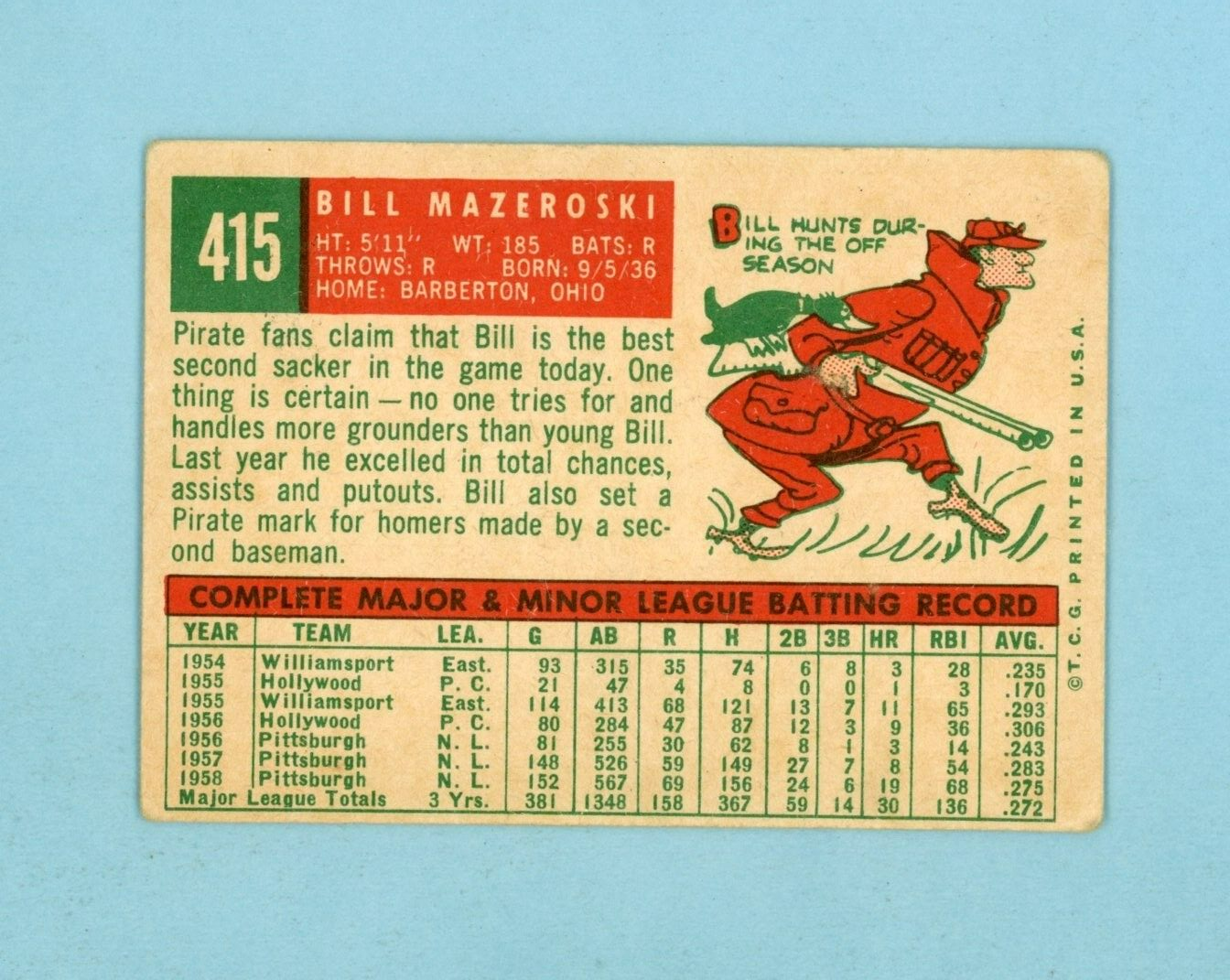 1959 Topps #415 Bill Mazeroski Pittsburgh Pirates Baseball Card Vg-Vg+