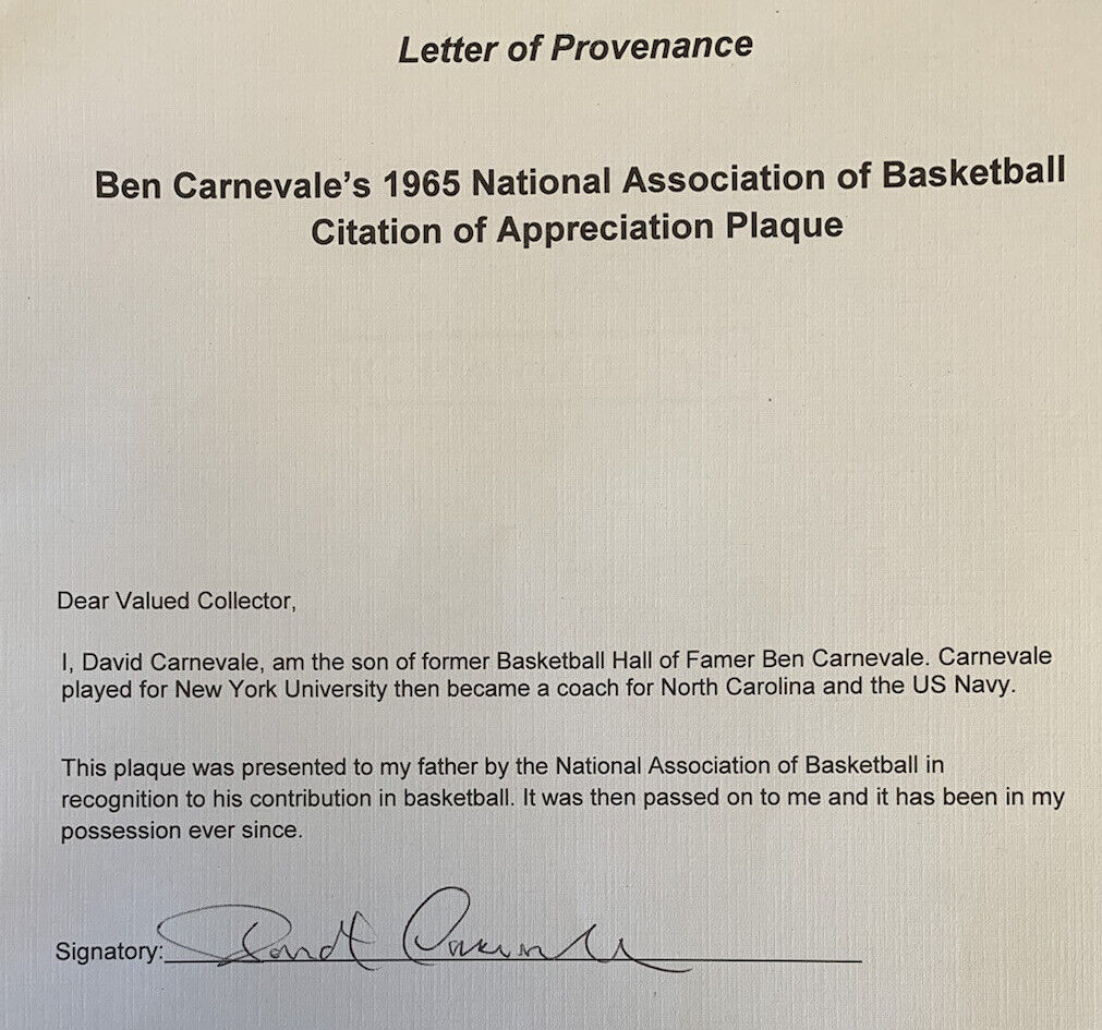 Ben Carnevale 1965 Nat’l Association of Basketball 10x13 Appreciation Plaque LOA