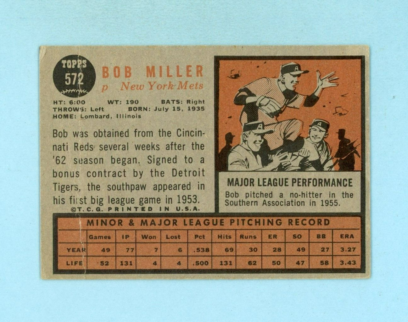 1962 Topps #572 Bob Miller New York Mets High Number Baseball Card Low Grade