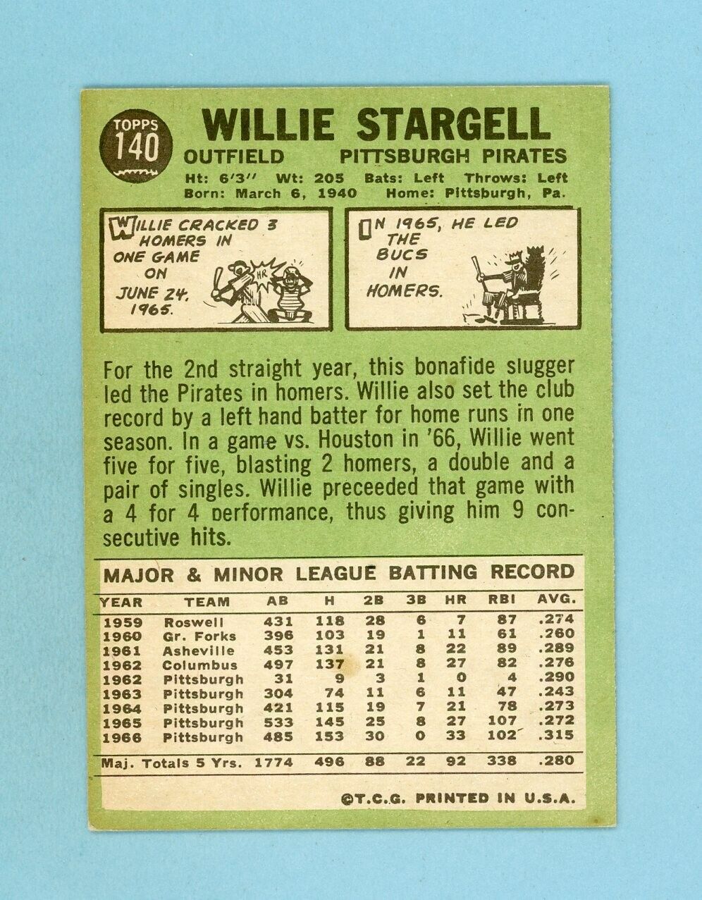 1967 Topps #140 Willie Stargell Pittsburgh Pirates Baseball Card Ex/Mt app sta