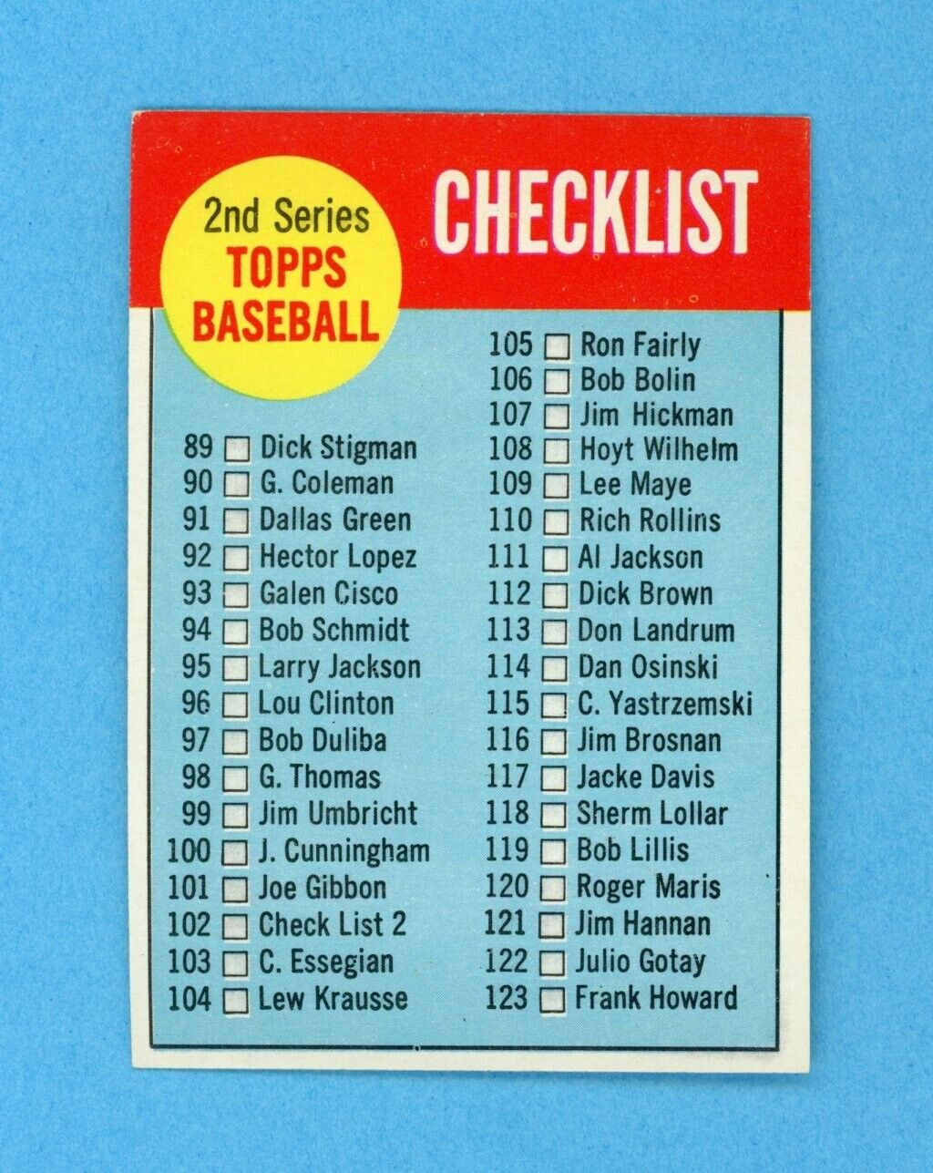 1963 Topps #102 2nd Series Checklist Baseball Card Ex/Mt - NM unchecked