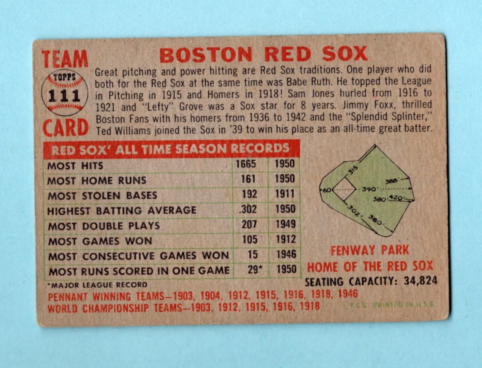 1956 Topps #111 Boston Red Sox Team Baseball Card Low Grade