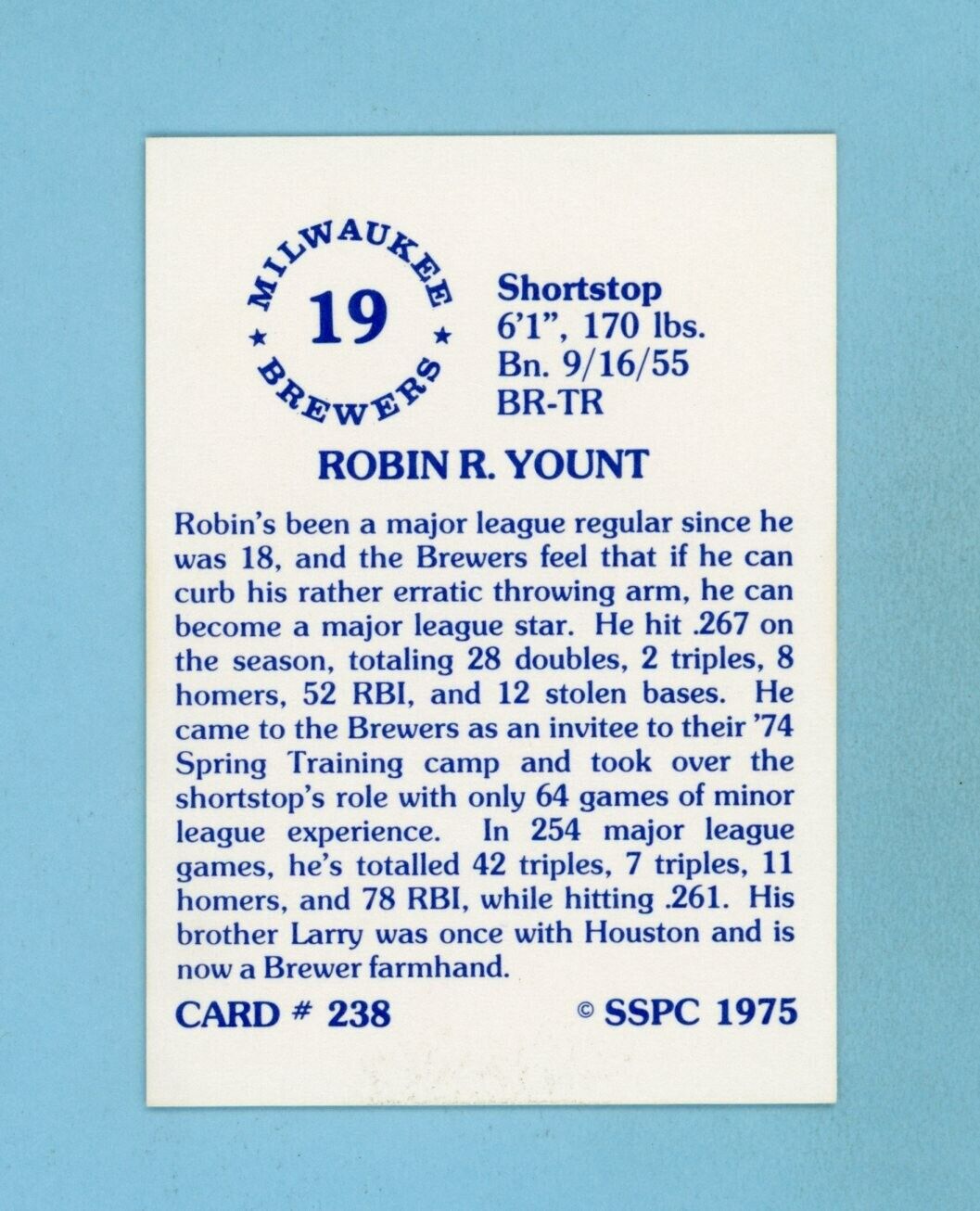 1975 SSPC #238 Robin Yount Milwaukee Brewers Rookie Season Baseball Card NM