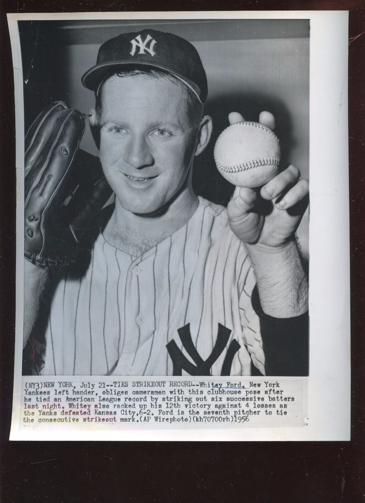 Origin July 21 1956 Whitey Ford New York Yankees Ties K Record 8 X 10 Wire Photo