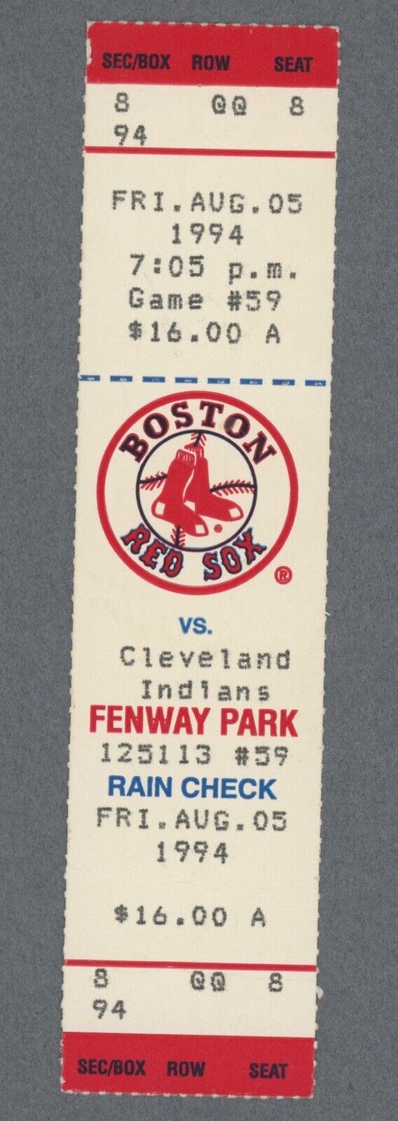 8/5/94 Cleveland Indians vs Boston Red Sox at Fenway Park Full Ticket