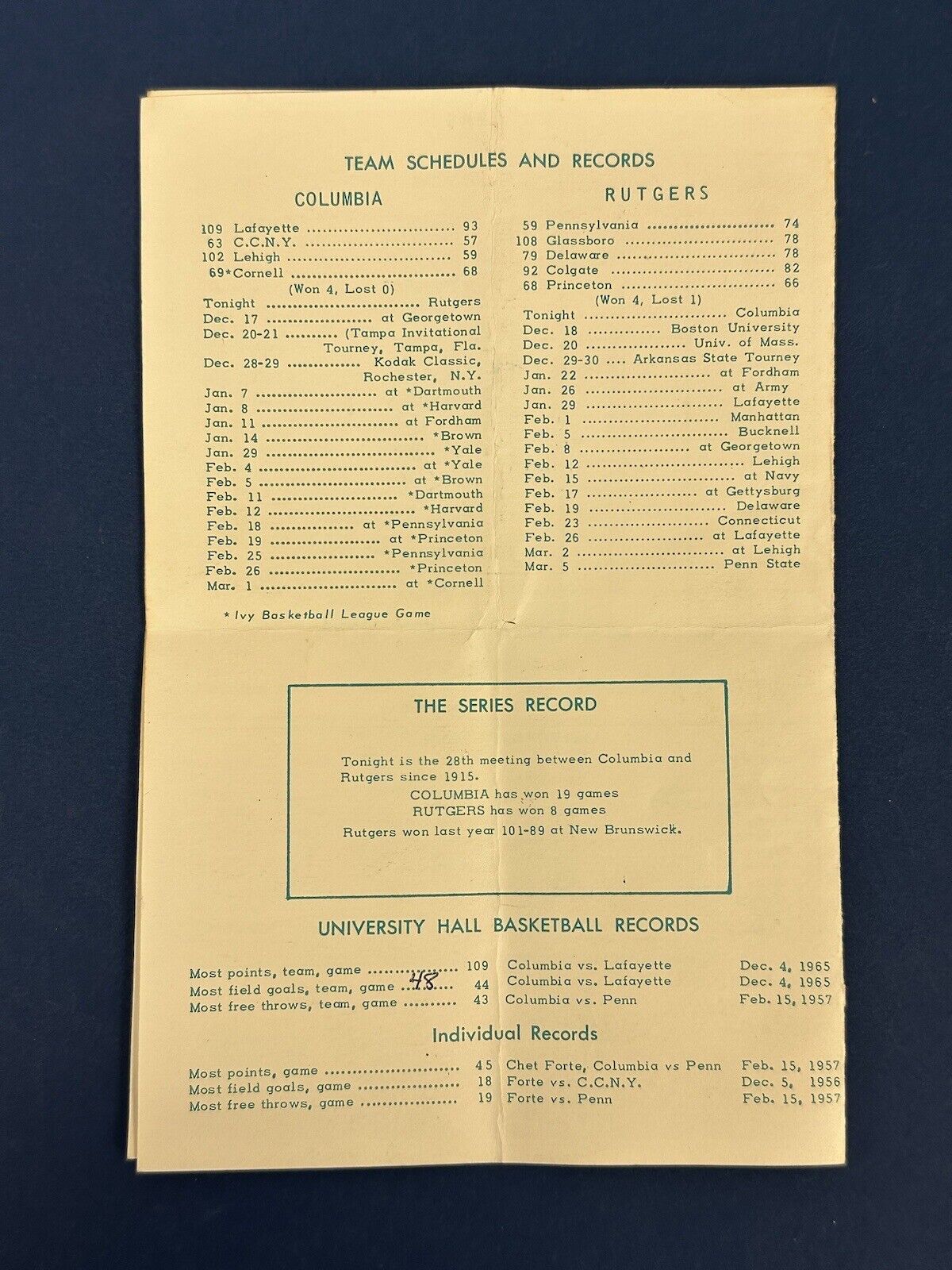 Dec. 15, 1965 Columbia University vs Rutgers NCAA Basketball Program w/ Valvano