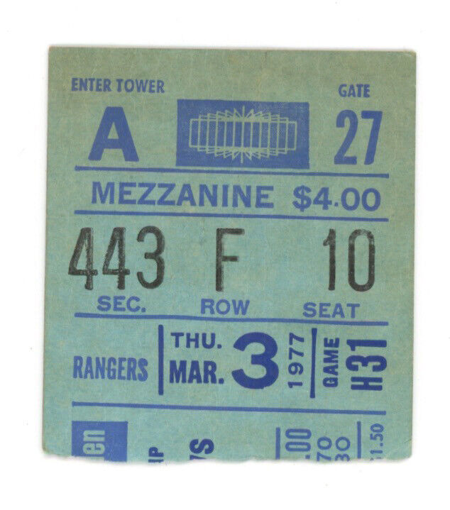 3/3/77 • NY Rangers vs Boston Bruins • Rod Gilbert 400th Goal • Ticket Stub