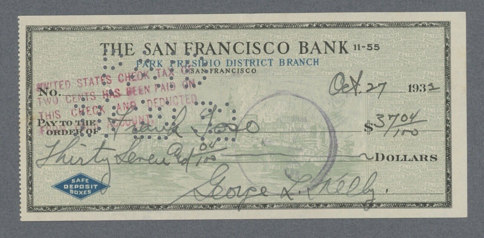 George L. Kelly MLB HOF '73 Signed Check • Auto w B&E Hologram