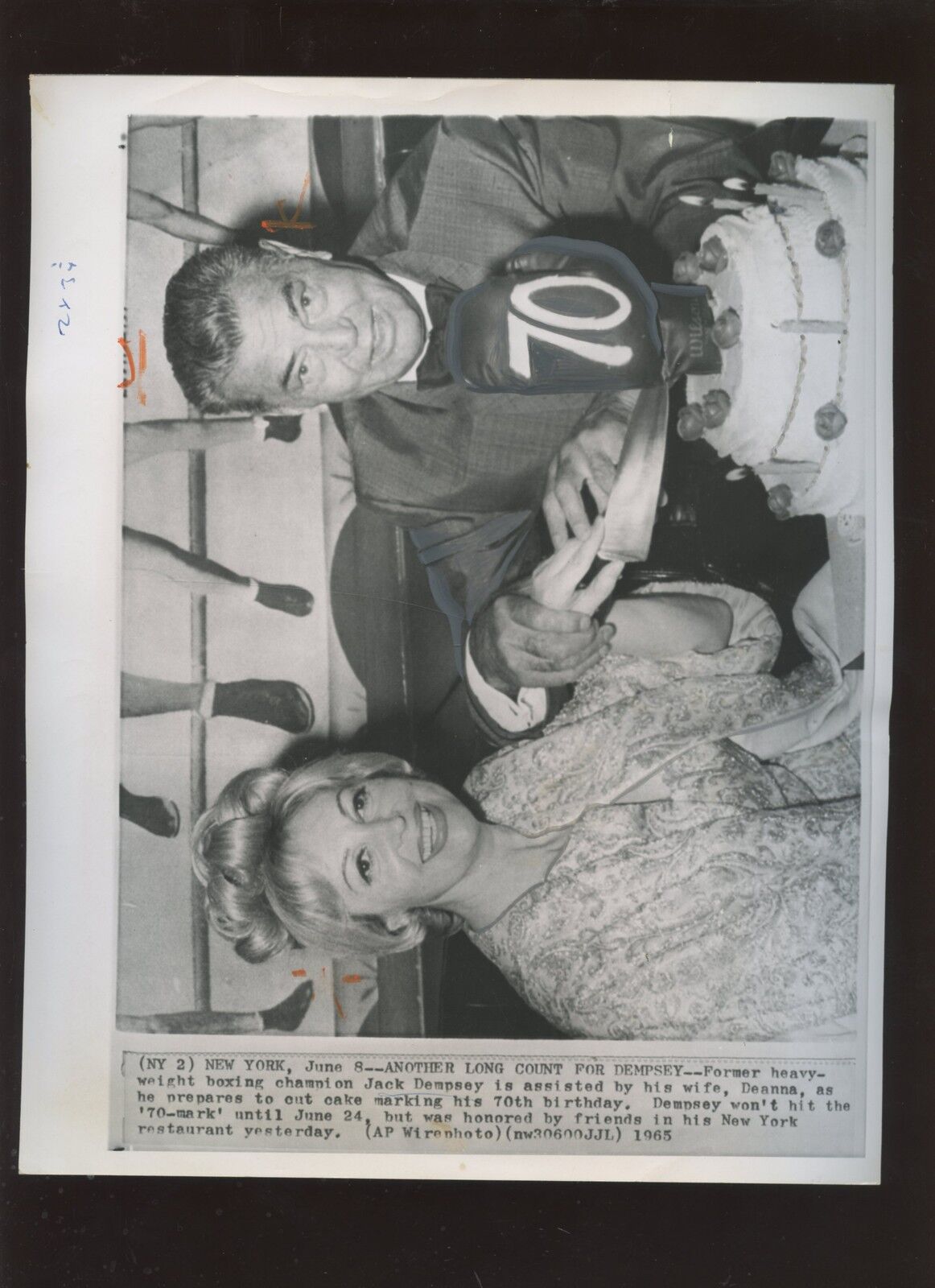 Original June 8 1965 Jack Dempsey Boxer 70th Birthday Wire Photo