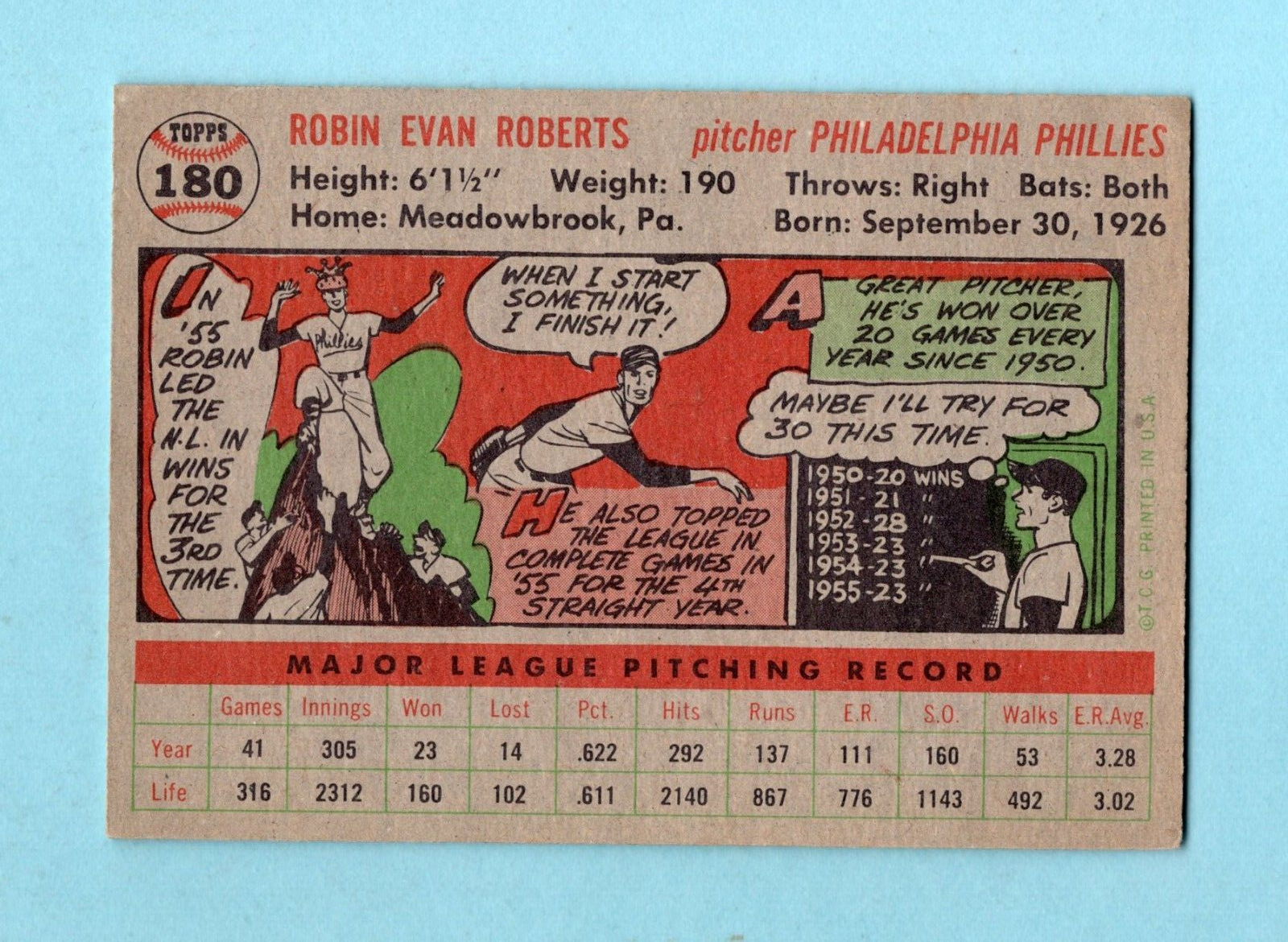 1956 Topps #180 Robin Roberts Phil Phillies Baseball Card E+ - E/M ap twtlc pm