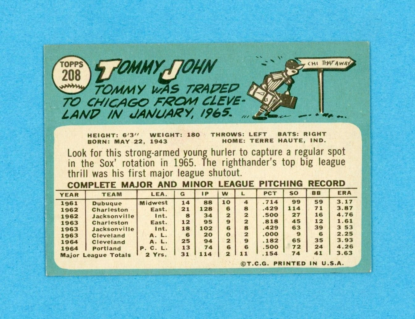 1965 Topps #208 Tommy John Chicago White Sox Baseball Card Ex+ - Ex/Mt o/c