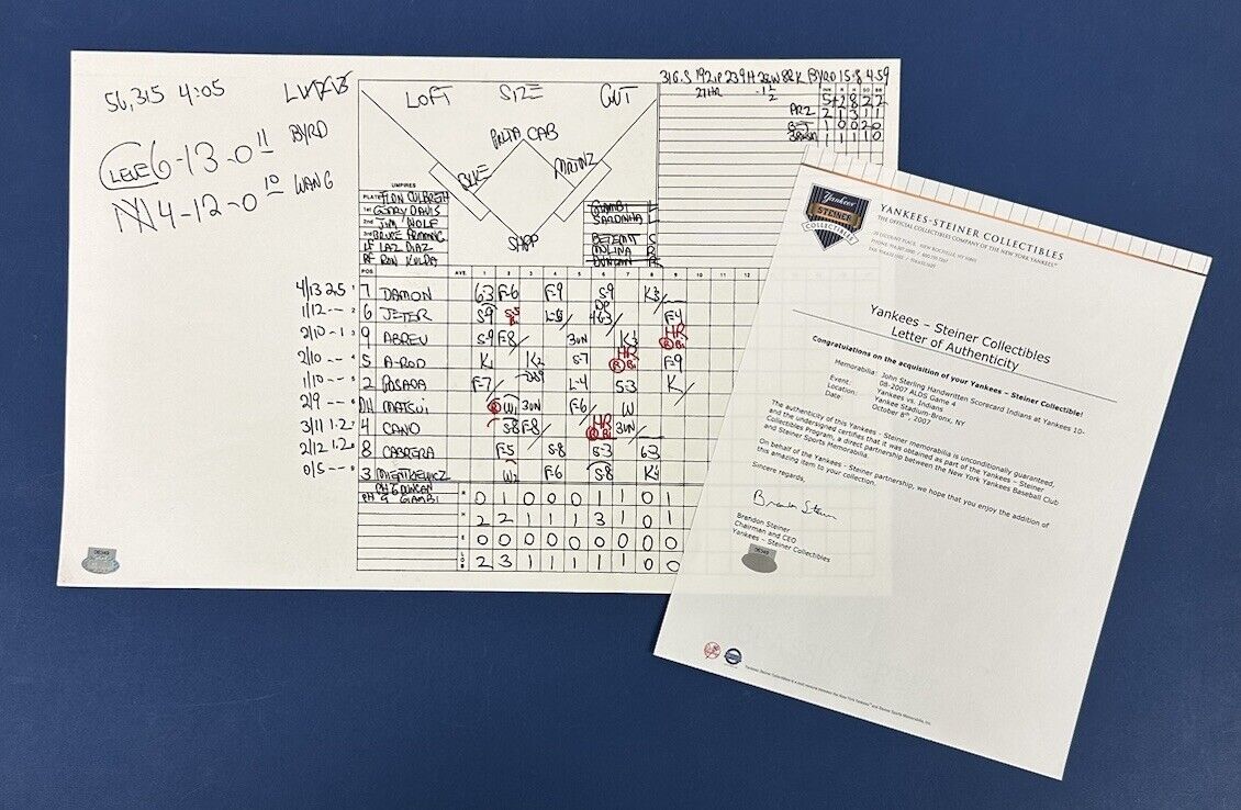 John Sterling Handwritten 11x17 2007 ALDS Yankees Scorecard vs Indians - STEINER