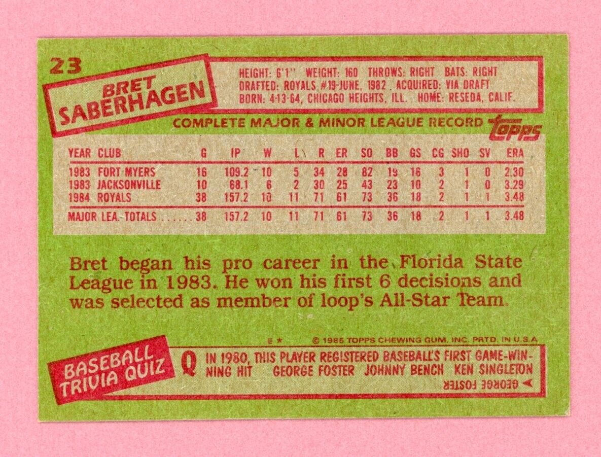 Bret Saberhagen KC Royals 1985 Topps #23 Autographed Rookie Baseball Card